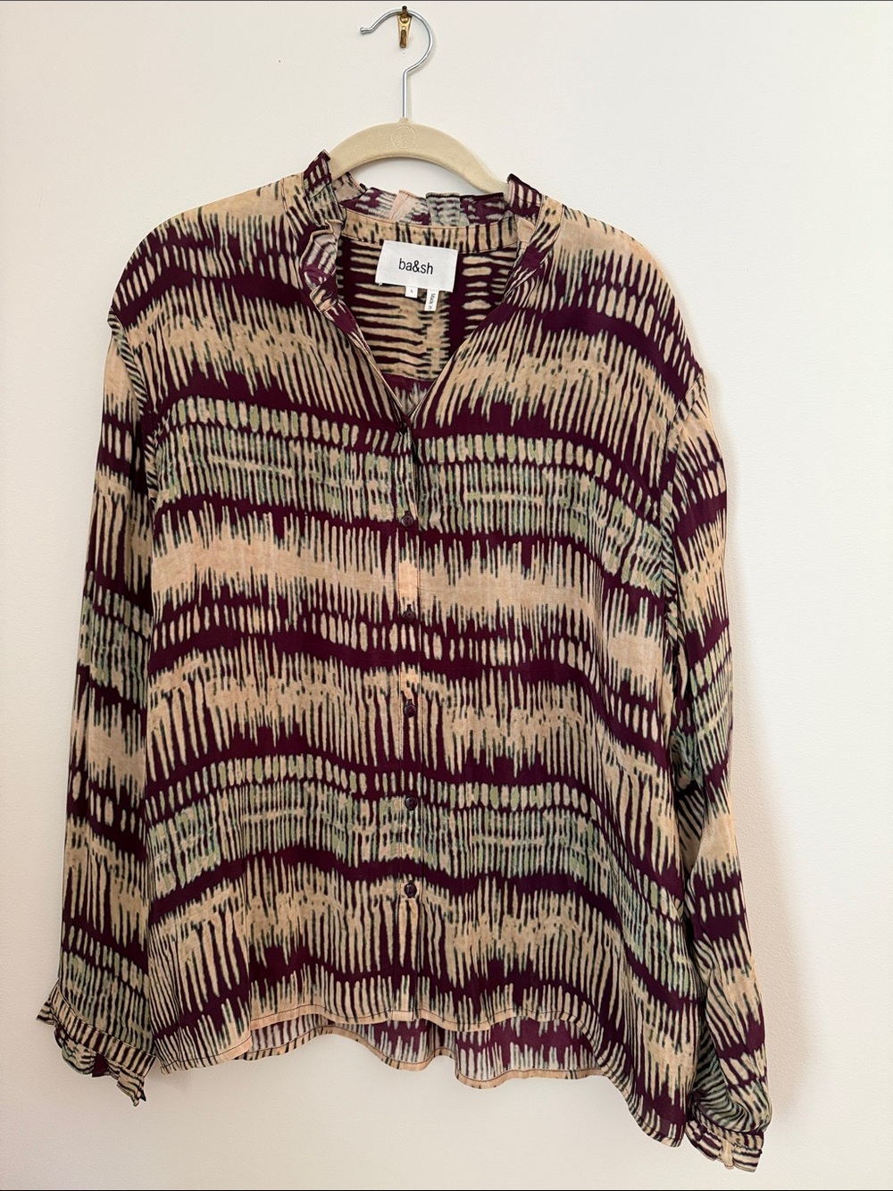 ba&sh Burgundy and Beige Graphic-Stripe Long-Sleeve Blouse